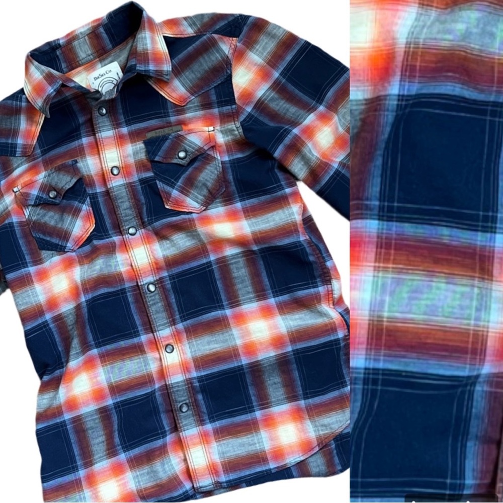 Diesel Men's Blue and Orange Plaid Western Shirt with Pearl Snap Buttons